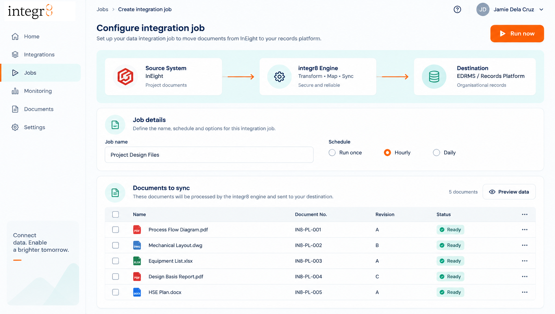 integr8 job configuration screen mapping a source system through integr8 to a records platform